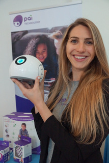 Pai Technology's Amy Braun with Augie(Techstination photo by L. Fishkin)