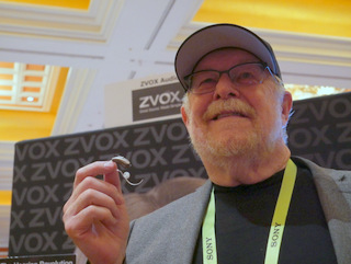 ZVox CEO Tom Hannaher with Voice Buds (Techstination photo by L. Fishkin)