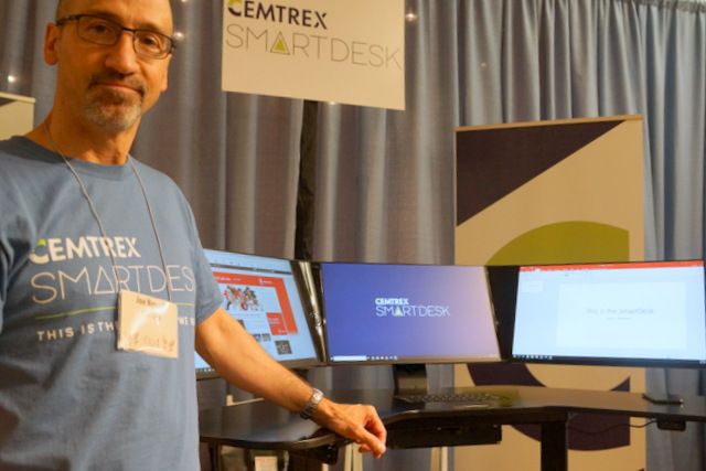 VP Joe Novelli with Cemtrex SmartDesk  (Techstination photo by L. Fishkin)