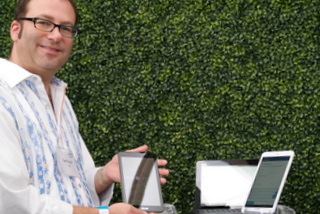 Intel's Dan Snyder with some of the latest (BootCamp photo by L. Fishkin)