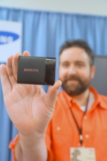 Samsung's Phil Berne with T1 SSD (BootCamp photo by L. Fishkin)