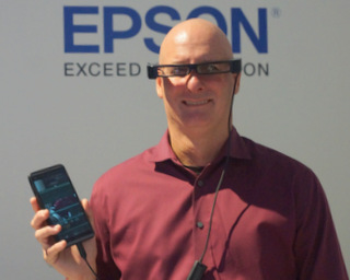 Epson's Darek Connole with Moverio BT 30C smart glasses  (Techstination photo by L. Fishkin)