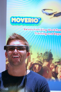 Epson Assoc. Product Manager Mike Leyva with Moverio BT-200 (BootCamp photo by L. Fishkin)