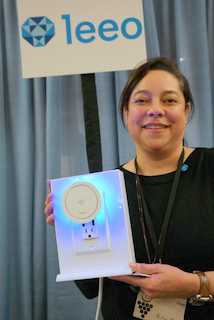 Valerie Motis with Leeo Smart Alert Night Light (BootCamp photo by L. Fishkin)