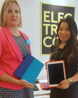 Logitech's Paige Lutter & Connie Chu with Logi BLOK cases (BootCamp photo by L. Fishkin)