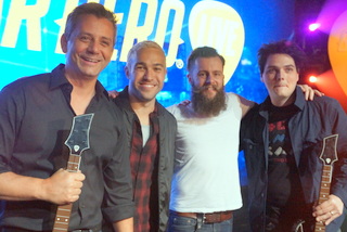 Activision CEO Eric Hirshberg, Fallout Boy's Pete Wentz, Freestyle Games' Jamie Jackson & Gerard Way of My Chemical Romance (BootCamp photo by L. Fishkin)