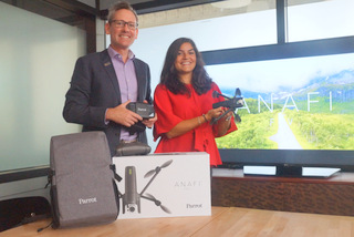 Parrot's Chris Roberts & Cecilia Natalia Hage with Anafi FPV (Techstination photo by L. Fishkin)