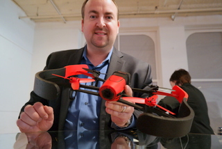 Parrot's Peter George with BeBop Drone (BootCamp photo by L. Fishkin)
