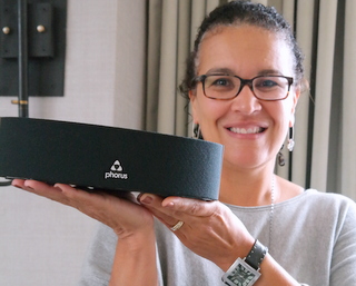 Phorus VP Sharon Graves with PS5 speaker (BootCamp photo by L. Fishkin)