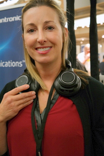 Plantronics' Lori Langona with BackBeat Pro headphones (BootCamp photo by L. Fishkin)