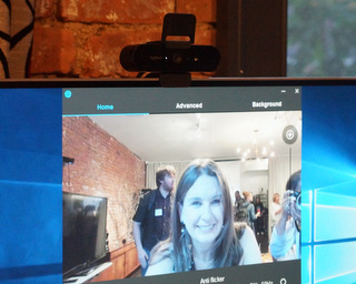 Logitech's Robin Raulf-Sager with Brio cam (Techstination photo by L. Fishkin)