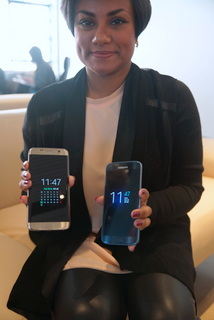 Samsung's Suzanne DeSilva with Galaxy S7 and S7 Edge (BootCamp photo by L. Fishkin)