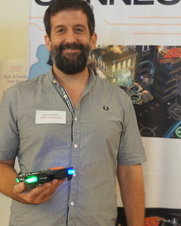 Spin Master's Steve Robert with Mission Drone (BootCamp photo by L. Fishkin)